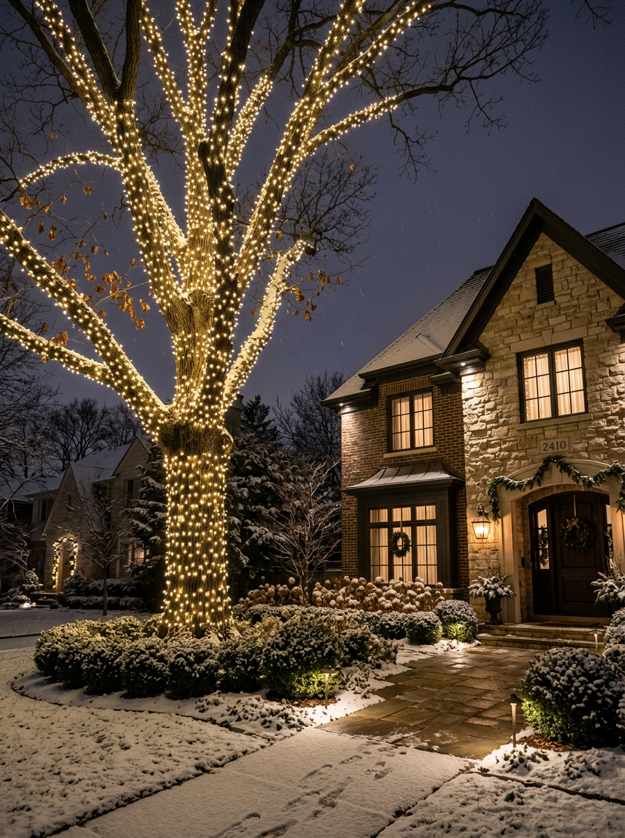 Large mature tree wrapped in warm white lights