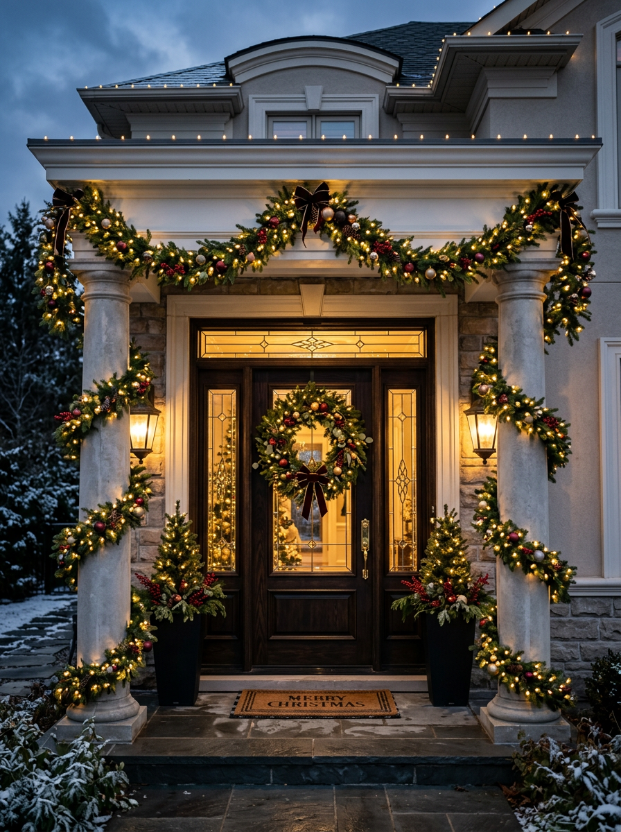 Front entrance with garland and wreath lighting