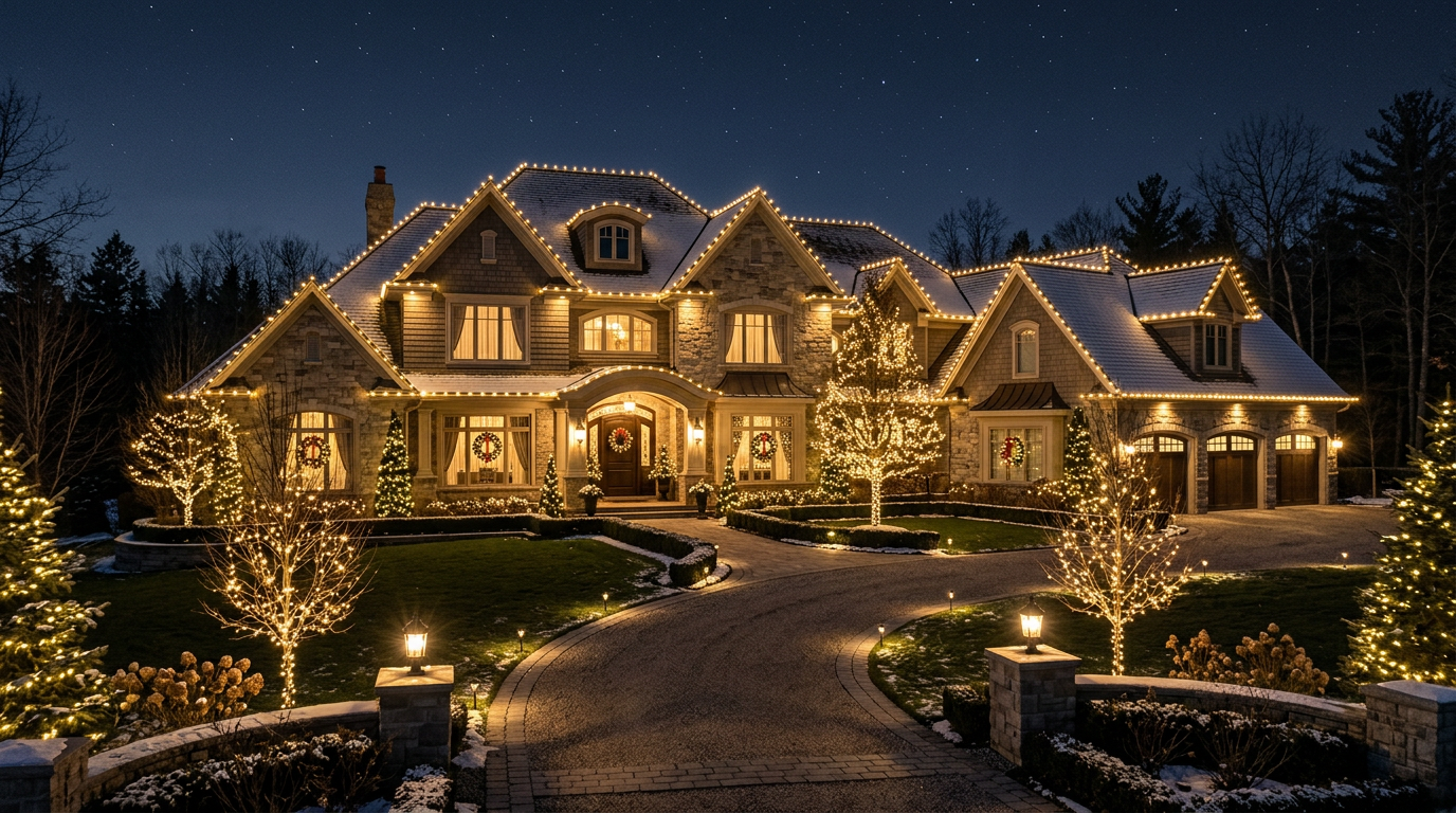 Wide estate-style home with elegant lighting