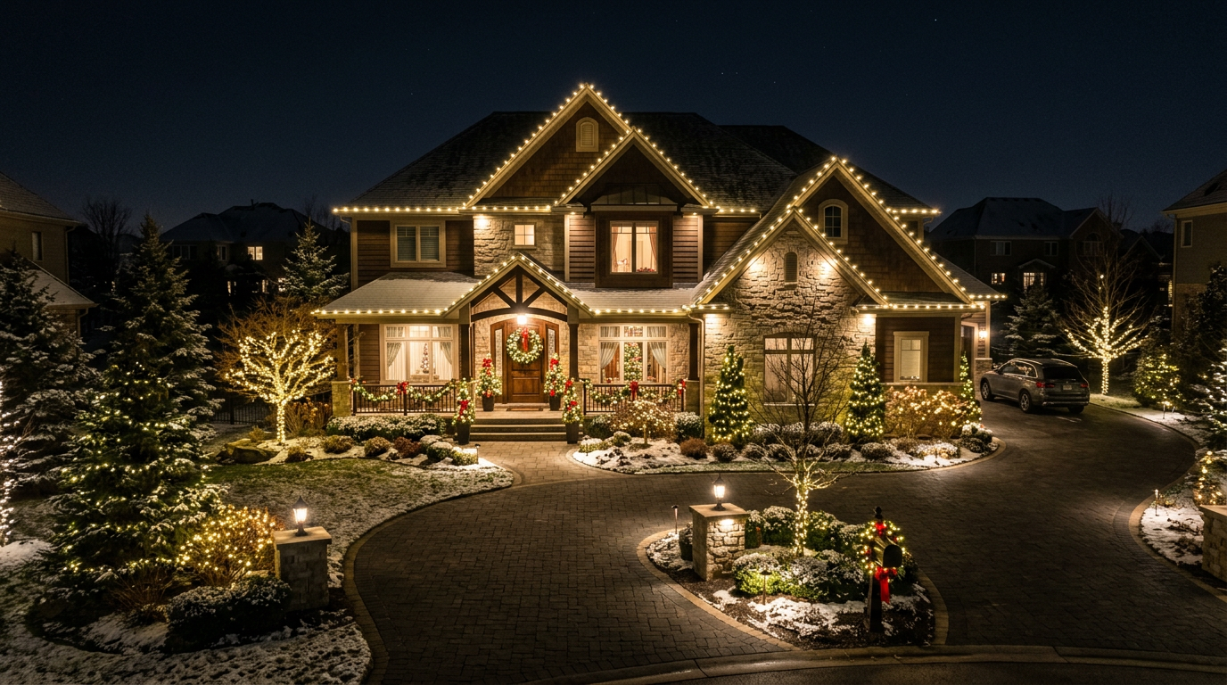 Home with roofline, landscaping, and pathway lighting