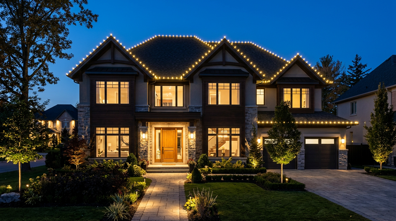 Upscale home decorated with elegant warm white Christmas lights