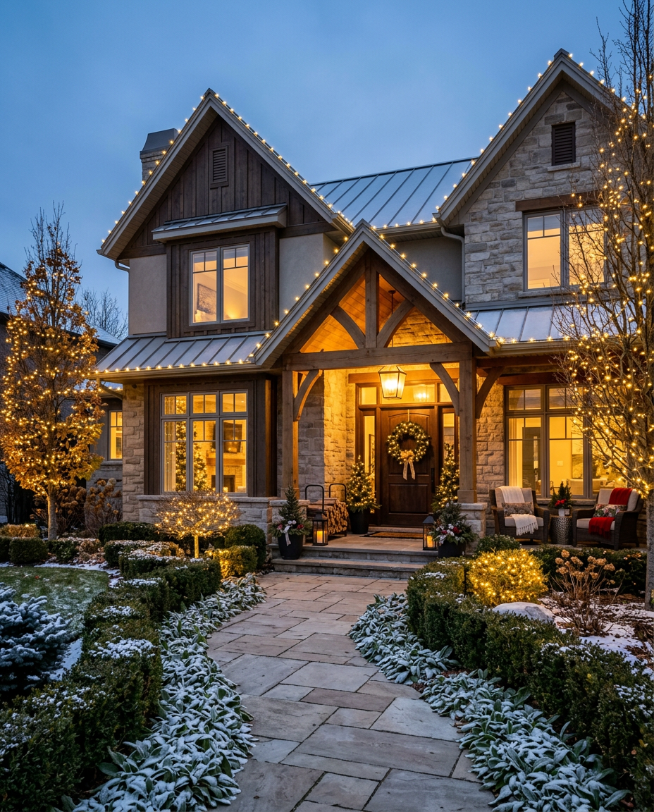 Professionally decorated family home exterior with warm white Christmas lights